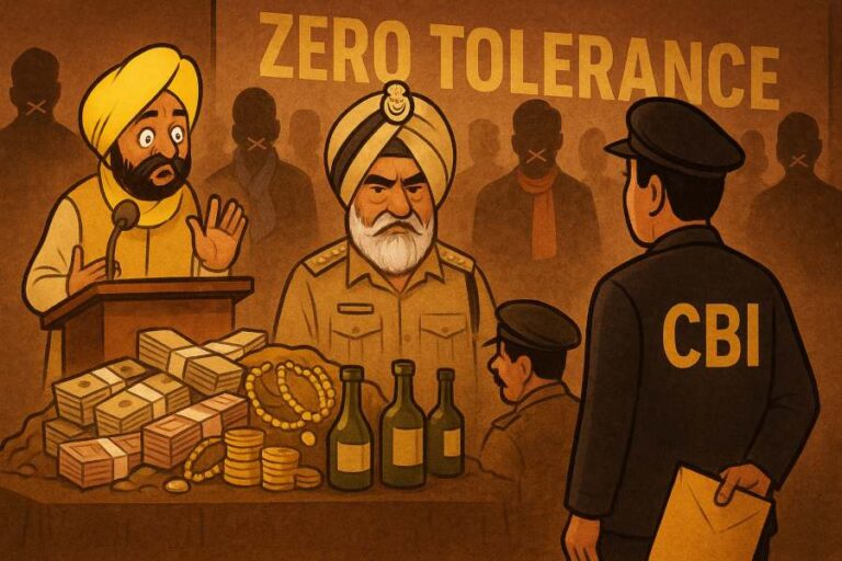 CBI investigation exposes Punjab Police DIG Bhullar’s corruption; Bhagwant Mann’s Zero Tolerance banner in background