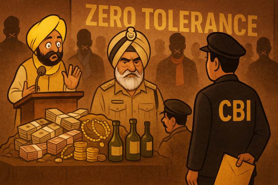 CBI investigation exposes Punjab Police DIG Bhullar’s corruption; Bhagwant Mann’s Zero Tolerance banner in background
