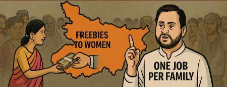 Bihar elections 2025 illustration showing political freebies and women voters.