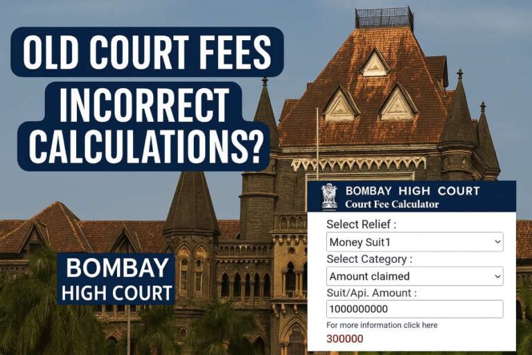 Bombay High Court building with court-fee update graphic showing calculator mismatch