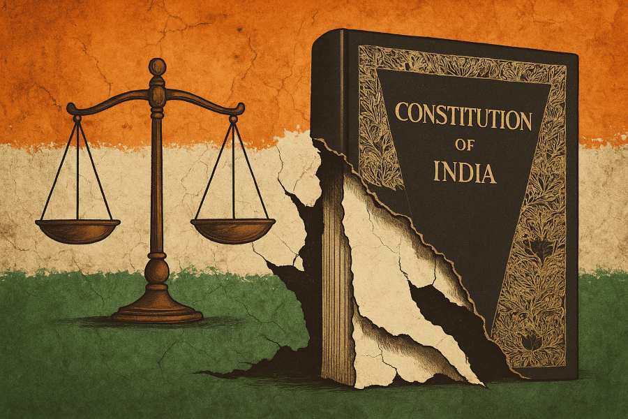 Symbolic illustration of the Indian Constitution under strain, representing constitutional challenges in India