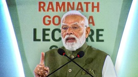 PM Narendra Modi speaking at the Ramnath Goenka Memorial Lecture