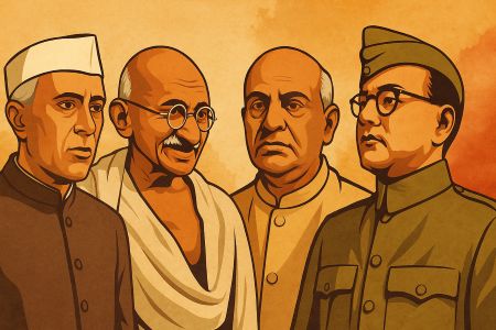 Stylised portraits of Mahatma Gandhi, Jawaharlal Nehru, Sardar Patel and Subhas Chandra Bose, symbolising nationalist leaders shaped partly by English education.