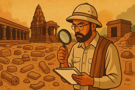 Illustration of an archaeologist examining artefacts at an ancient Indian site, representing colonial-era archaeological efforts like the ASI.
