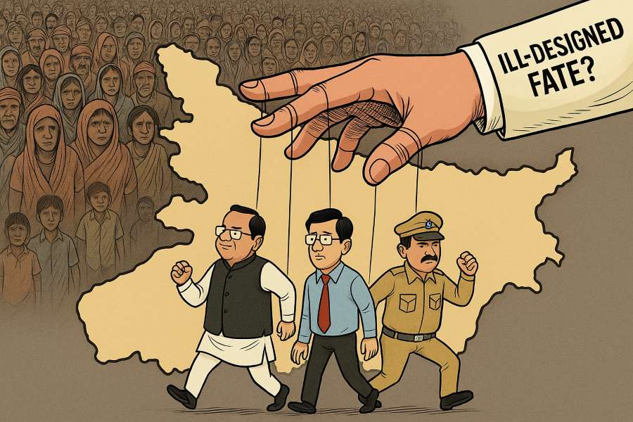 Political hand controlling puppets of Bihar leaders, bureaucrats, and police over a crowd of poor people — illustration symbolizing Bihar’s leadership crisis.