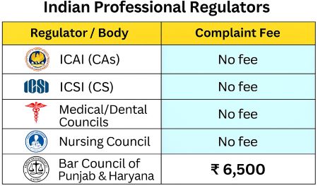Comparison table showing Indian professional regulators and their complaint fees, highlighting that ICAI, ICSI, Medical and Nursing Councils charge no fee while the Bar Council of Punjab & Haryana charges ₹6,500.
