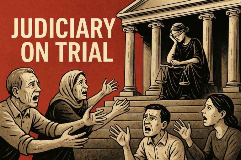 Illustration of Lady Justice surrounded by desperate litigants symbolising a judiciary under stress.