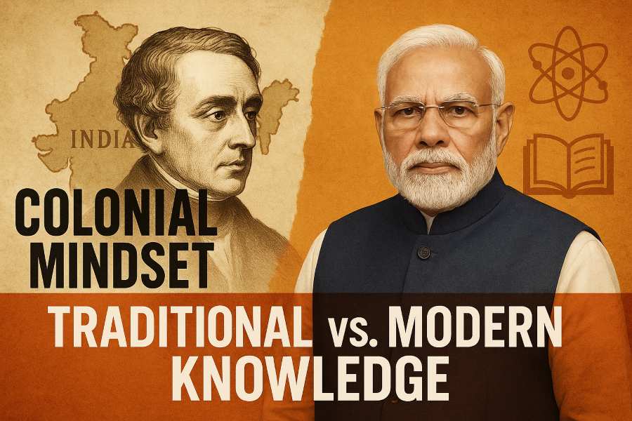 Stylised portraits of Narendra Modi and Thomas Macaulay symbolising the debate on India’s colonial mindset and knowledge systems