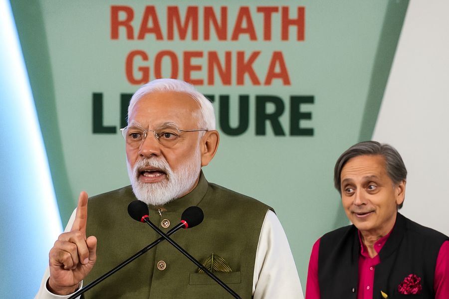 Narendra Modi delivering the Ramnath Goenka Lecture with Shashi Tharoor referenced in analysis