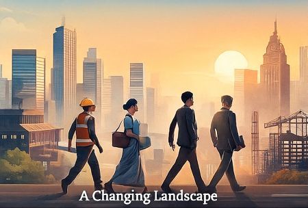 Landscape illustration of India’s labour market undergoing transition with workers moving through a modernising economic environment.