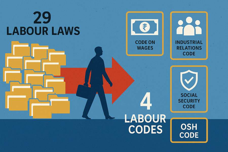 Illustration showing India’s labour law transition from 29 old laws to four new Labour Codes, symbolising reform and workforce transformation.