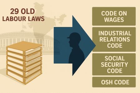 Editorial illustration depicting the shift from multiple fragmented labour laws to a unified framework under four Labour Codes.